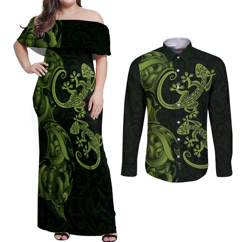 New Zealand Gecko Maori Art Tattoo Couples Matching Off Shoulder Maxi Dress and Long Sleeve Button Shirt