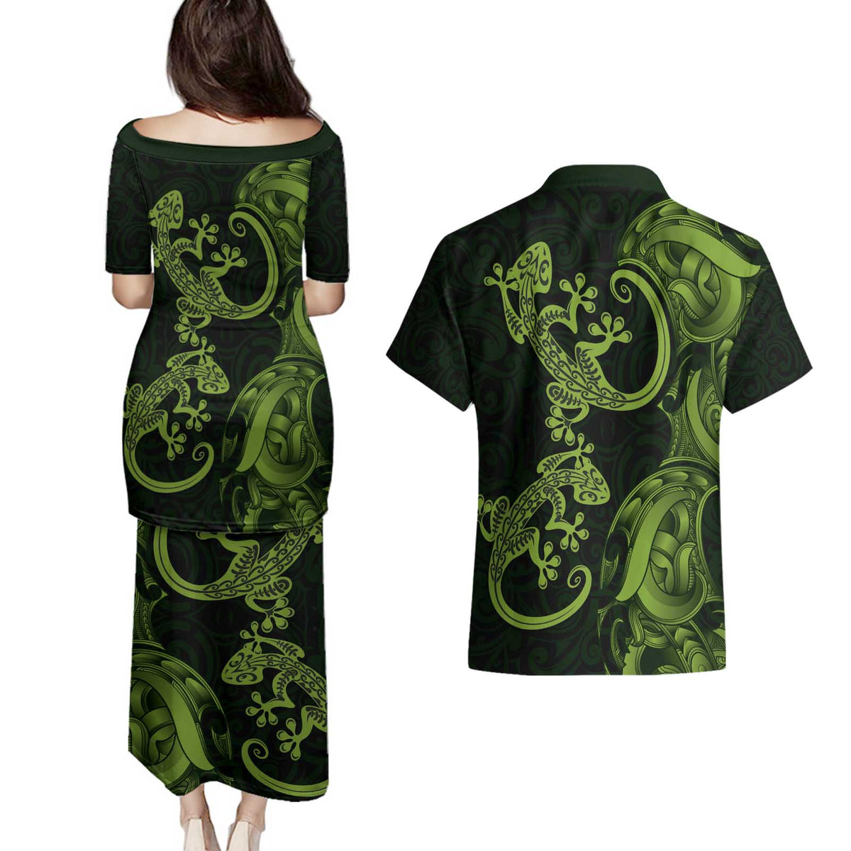 New Zealand Gecko Maori Art Tattoo Couples Matching Puletasi and Hawaiian Shirt