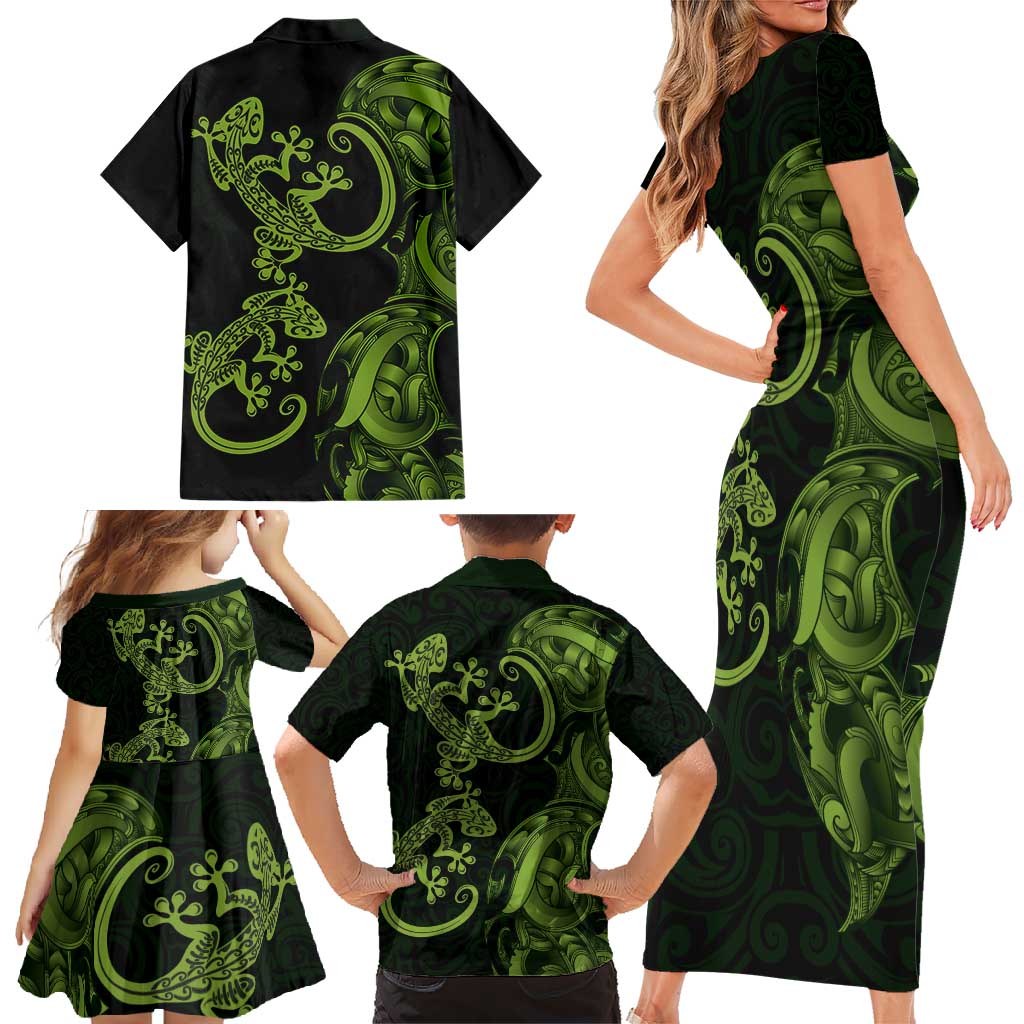 New Zealand Gecko Maori Art Tattoo Family Matching Short Sleeve Bodycon Dress and Hawaiian Shirt