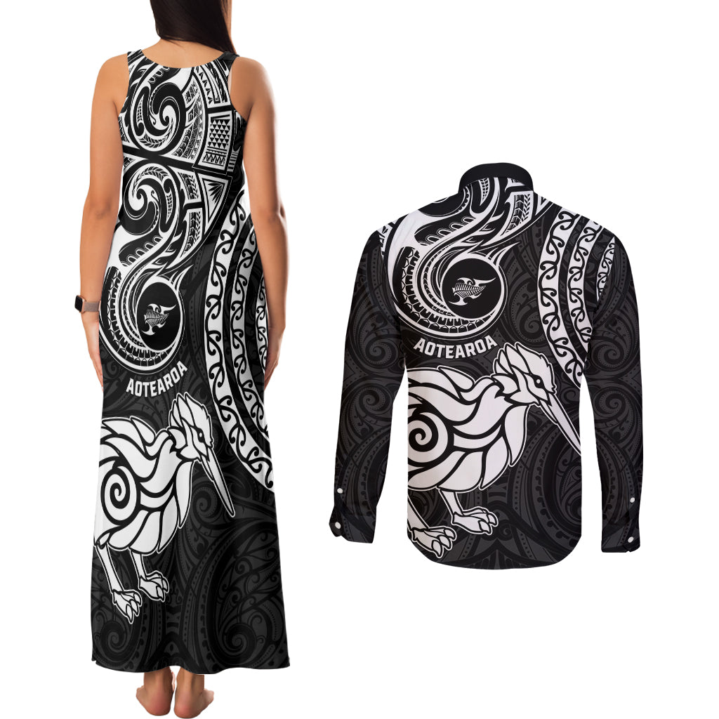 New Zealand Couples Matching Tank Maxi Dress and Long Sleeve Button Shirt Stylized Kiwi Bird Tattoo Mix Koru Circle and Maori Ethnic Vibe LT03 - Polynesian Pride