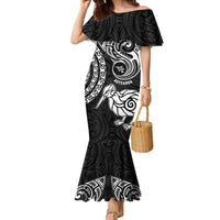 New Zealand Family Matching Mermaid Dress and Hawaiian Shirt Stylized Kiwi Bird Tattoo Mix Koru Circle and Maori Ethnic Vibe LT03 Mom's Dress Black - Polynesian Pride