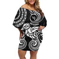 New Zealand Family Matching Off Shoulder Short Dress and Hawaiian Shirt Stylized Kiwi Bird Tattoo Mix Koru Circle and Maori Ethnic Vibe LT03 Mom's Dress Black - Polynesian Pride