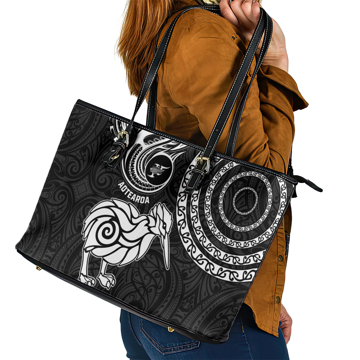 New Zealand Leather Tote Bag Stylized Kiwi Bird Tattoo Mix Koru Circle and Maori Ethnic Vibe LT03 - Polynesian Pride