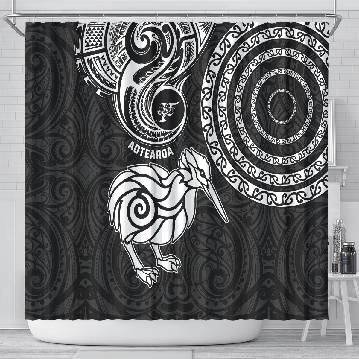 New Zealand Shower Curtain Stylized Kiwi Bird Tattoo Mix Koru Circle and Maori Ethnic Vibe LT03 - Polynesian Pride
