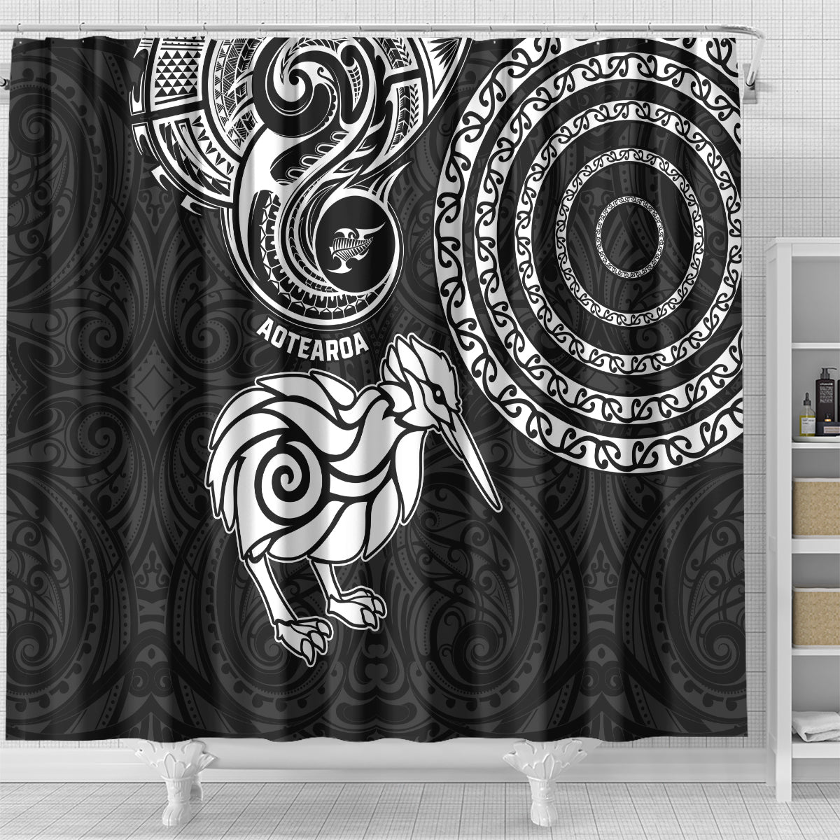 New Zealand Shower Curtain Stylized Kiwi Bird Tattoo Mix Koru Circle and Maori Ethnic Vibe LT03 - Polynesian Pride