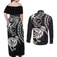 Personalised New Zealand Couples Matching Off Shoulder Maxi Dress and Long Sleeve Button Shirt Stylized Kiwi Bird Tattoo Mix Koru Circle and Maori Ethnic Vibe LT03 - Polynesian Pride