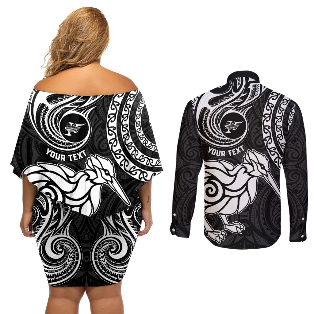 Personalised New Zealand Couples Matching Off Shoulder Short Dress and Long Sleeve Button Shirt Stylized Kiwi Bird Tattoo Mix Koru Circle and Maori Ethnic Vibe LT03 - Polynesian Pride