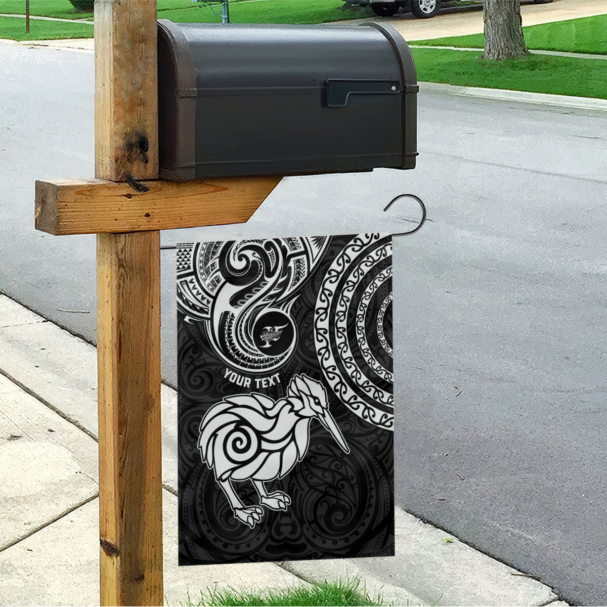 Personalised New Zealand Garden Flag Stylized Kiwi Bird Tattoo Mix Koru Circle and Maori Ethnic Vibe LT03 - Polynesian Pride