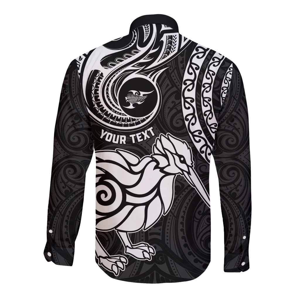 Personalised New Zealand Long Sleeve Button Shirt Stylized Kiwi Bird Tattoo Mix Koru Circle and Maori Ethnic Vibe LT03 - Polynesian Pride