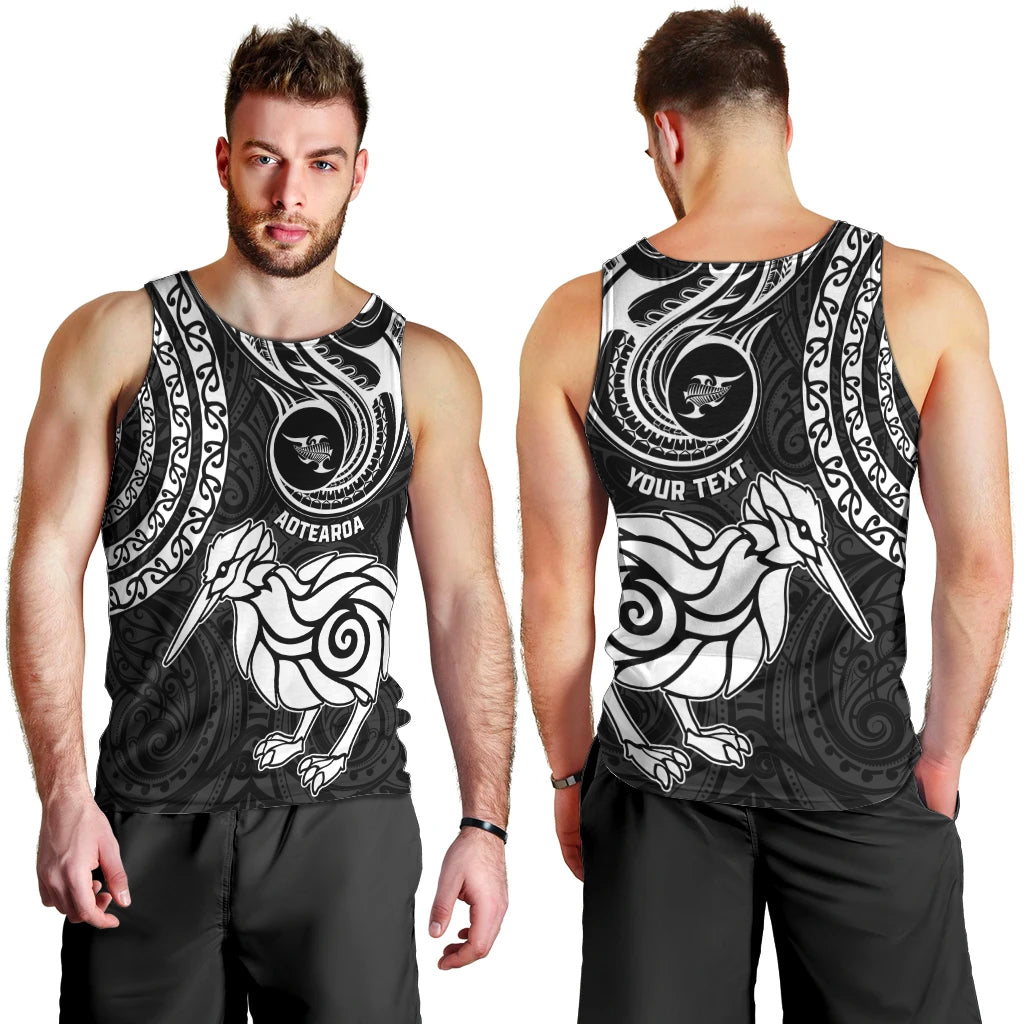 Personalised New Zealand Men Tank Top Stylized Kiwi Bird Tattoo Mix Koru Circle and Maori Ethnic Vibe LT03 - Polynesian Pride