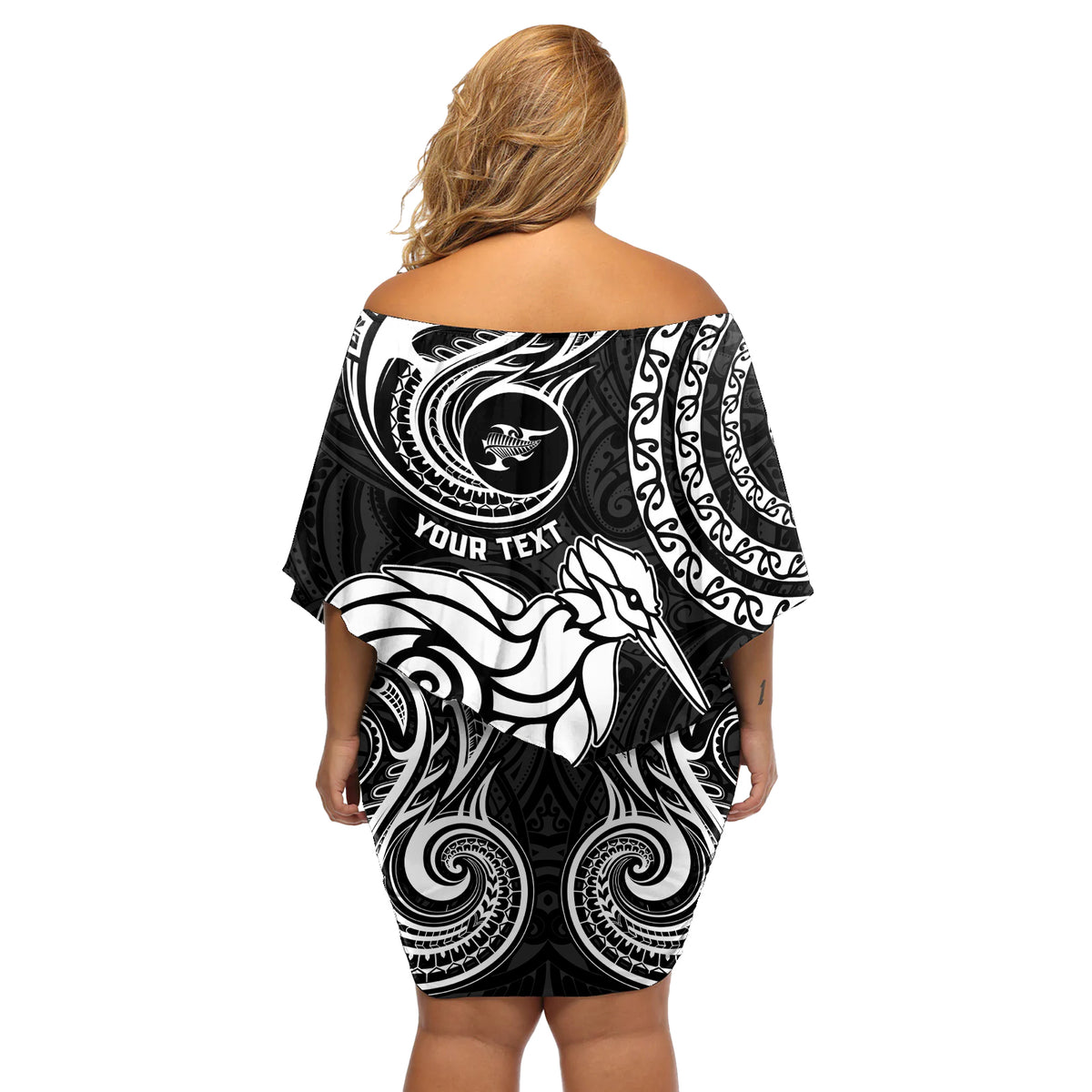 Personalised New Zealand Off Shoulder Short Dress Stylized Kiwi Bird Tattoo Mix Koru Circle and Maori Ethnic Vibe LT03 - Polynesian Pride