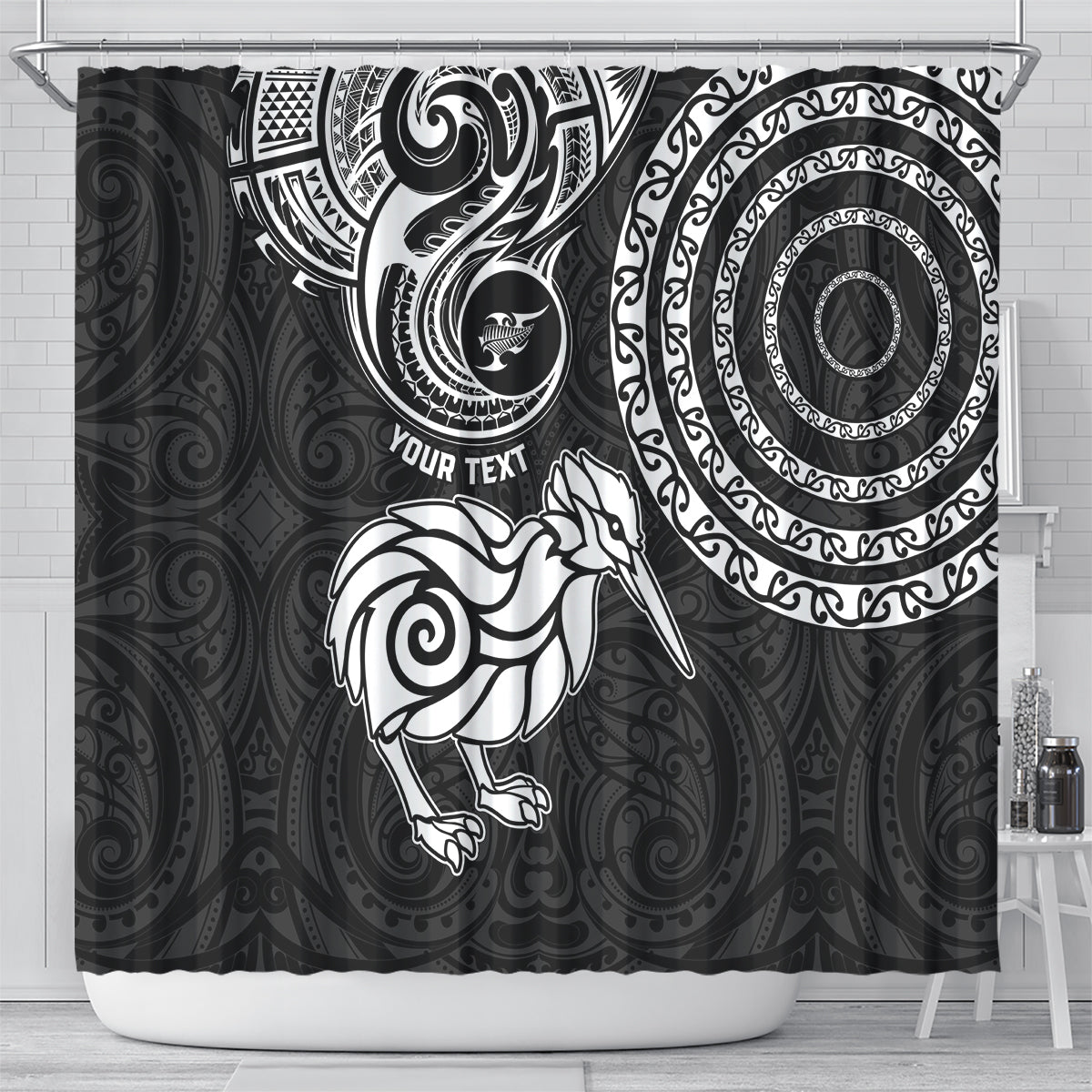 Personalised New Zealand Shower Curtain Stylized Kiwi Bird Tattoo Mix Koru Circle and Maori Ethnic Vibe LT03 - Polynesian Pride