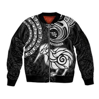 Personalised New Zealand Sleeve Zip Bomber Jacket Stylized Kiwi Bird Tattoo Mix Koru Circle and Maori Ethnic Vibe LT03 Unisex Black - Polynesian Pride