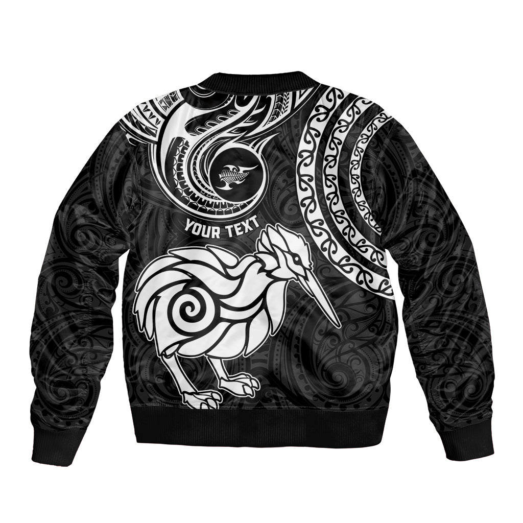Personalised New Zealand Sleeve Zip Bomber Jacket Stylized Kiwi Bird Tattoo Mix Koru Circle and Maori Ethnic Vibe LT03 - Polynesian Pride