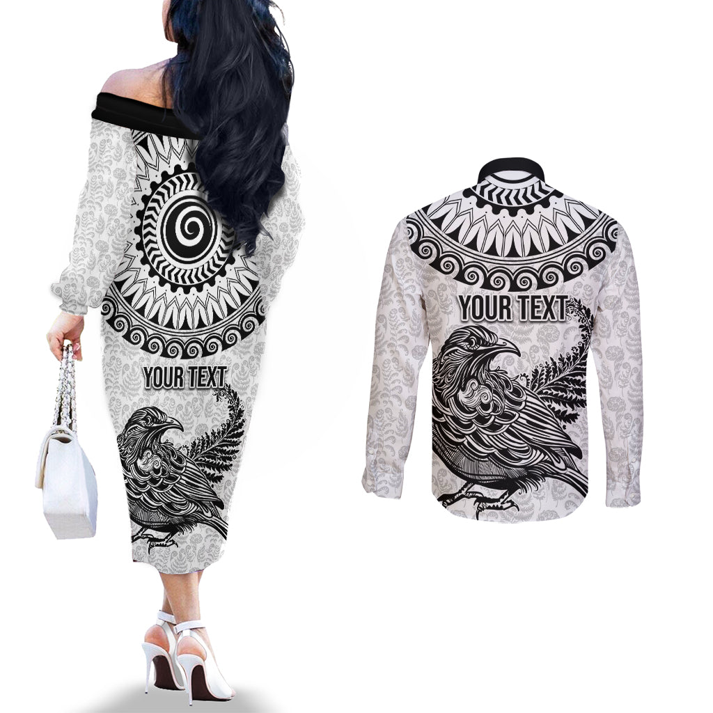 Custom New Zealand Couples Matching Off The Shoulder Long Sleeve Dress and Long Sleeve Button Shirt Tui Bird and Koru Circle Mix Silver Fern Pattern LT03 - Polynesian Pride