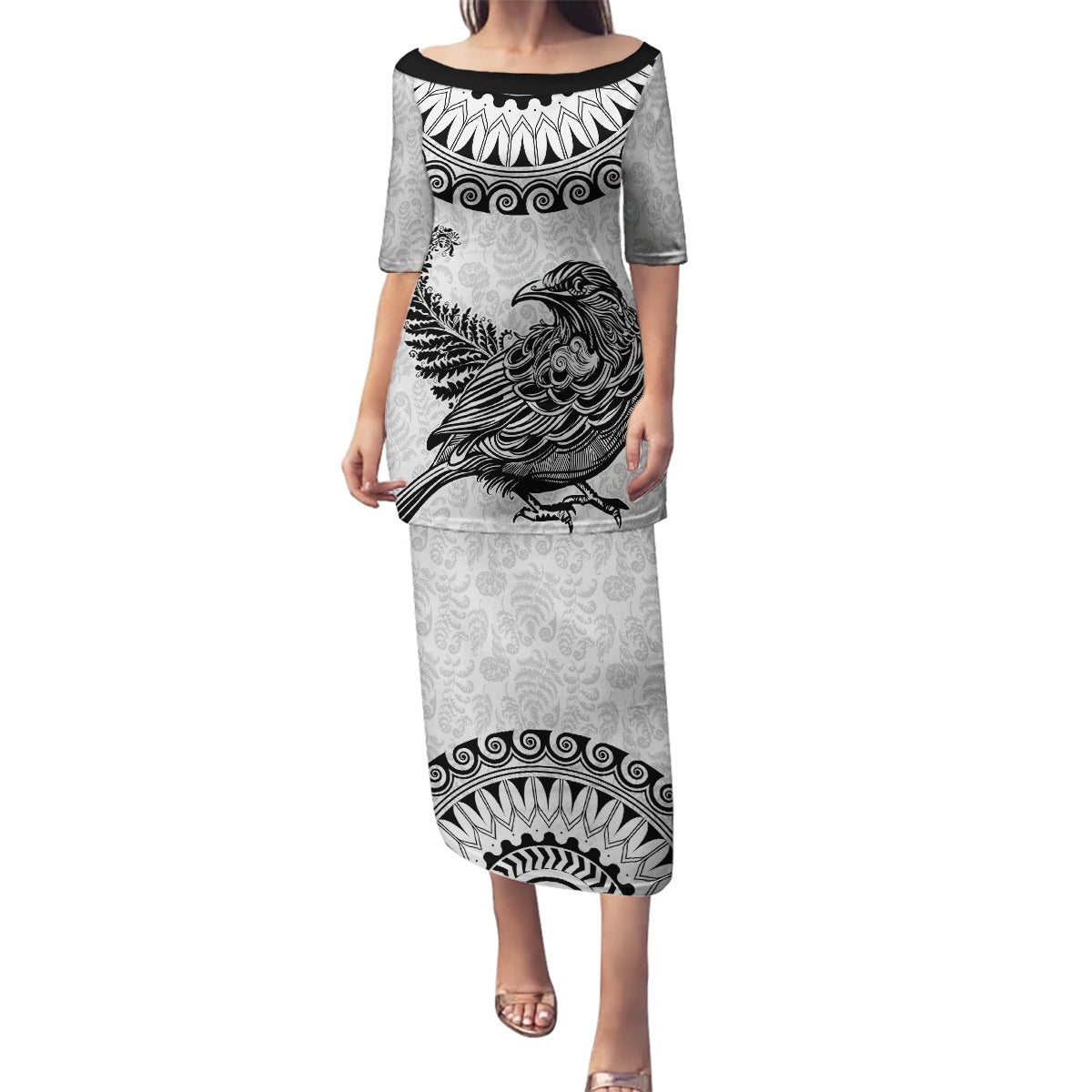 Custom New Zealand Family Matching Puletasi Dress and Hawaiian Shirt Tui Bird and Koru Circle Mix Silver Fern Pattern LT03 Mom's Dress White - Polynesian Pride