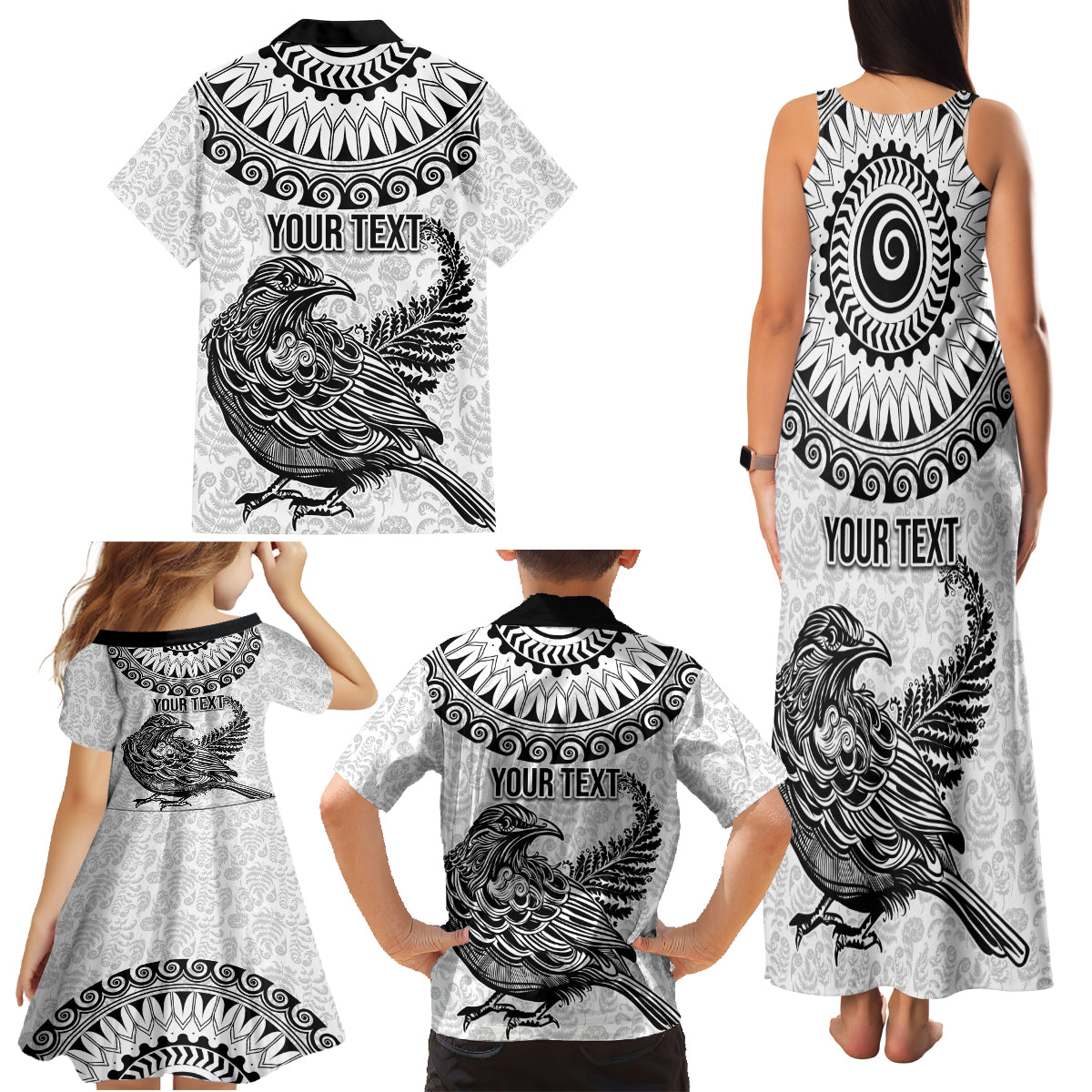 Custom New Zealand Family Matching Tank Maxi Dress and Hawaiian Shirt Tui Bird and Koru Circle Mix Silver Fern Pattern LT03 - Polynesian Pride