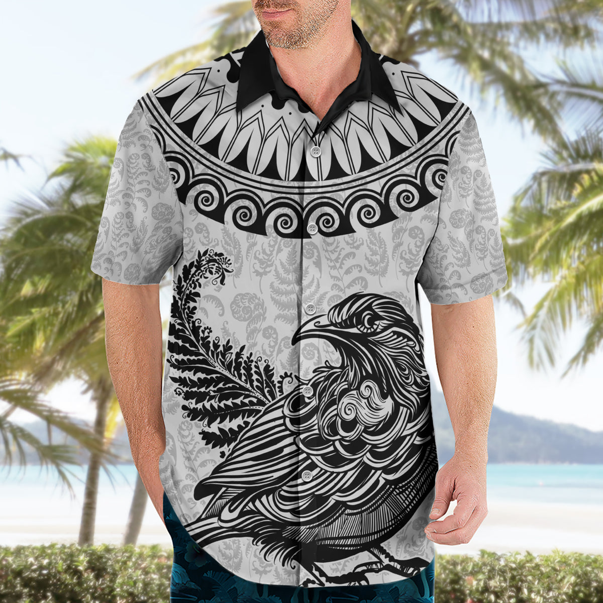 Custom New Zealand Hawaiian Shirt Tui Bird and Koru Circle Mix Silver Fern Pattern LT03 - Polynesian Pride