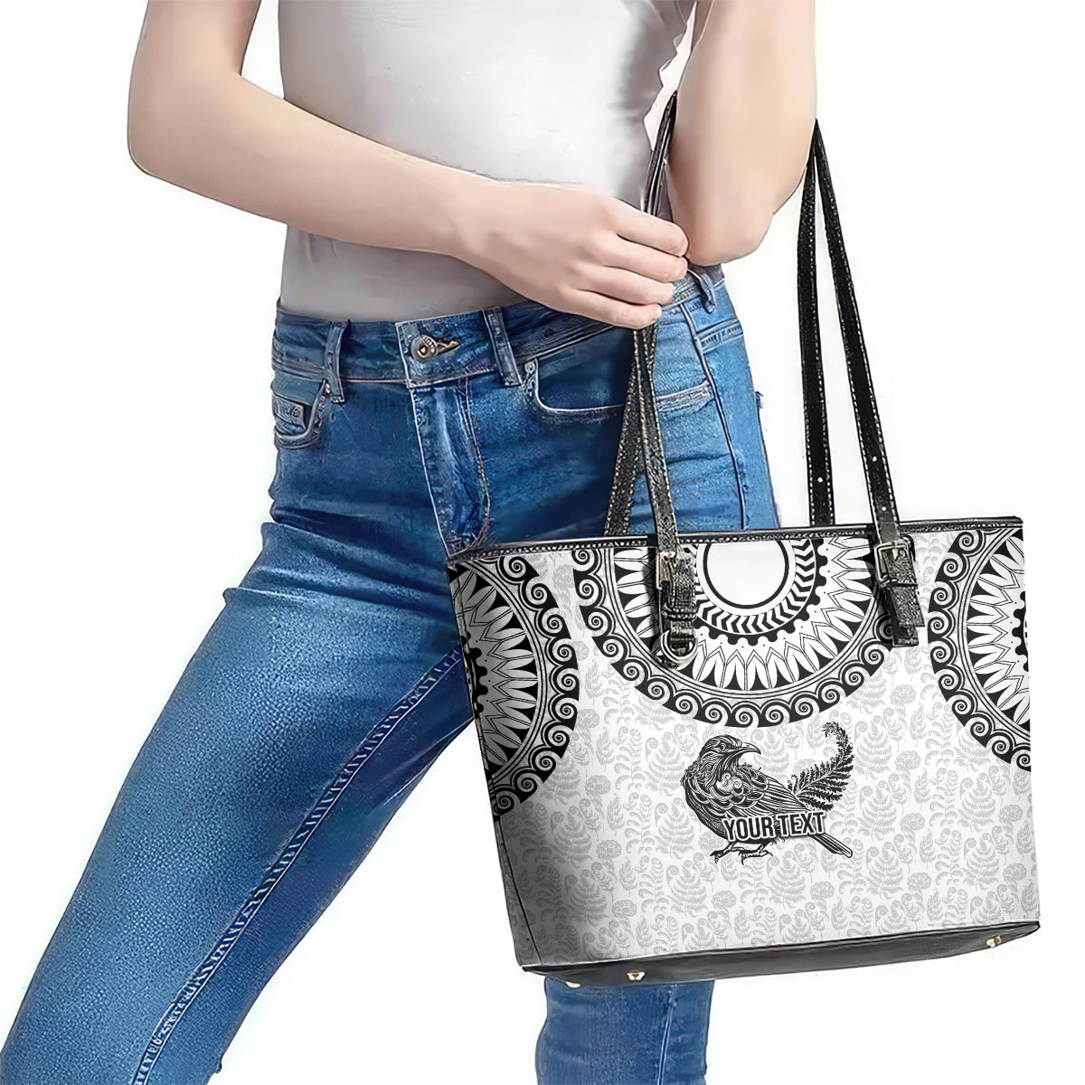 Custom New Zealand Leather Tote Bag Tui Bird and Koru Circle Mix Silver Fern Pattern LT03 - Polynesian Pride