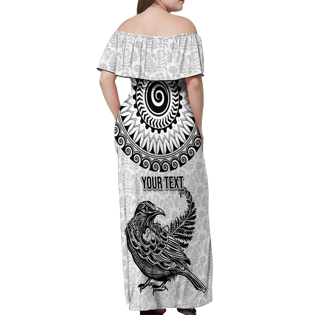 Custom New Zealand Off Shoulder Maxi Dress Tui Bird and Koru Circle Mix Silver Fern Pattern LT03 - Polynesian Pride