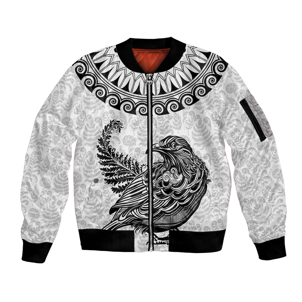 Custom New Zealand Sleeve Zip Bomber Jacket Tui Bird and Koru Circle Mix Silver Fern Pattern LT03 Unisex White - Polynesian Pride