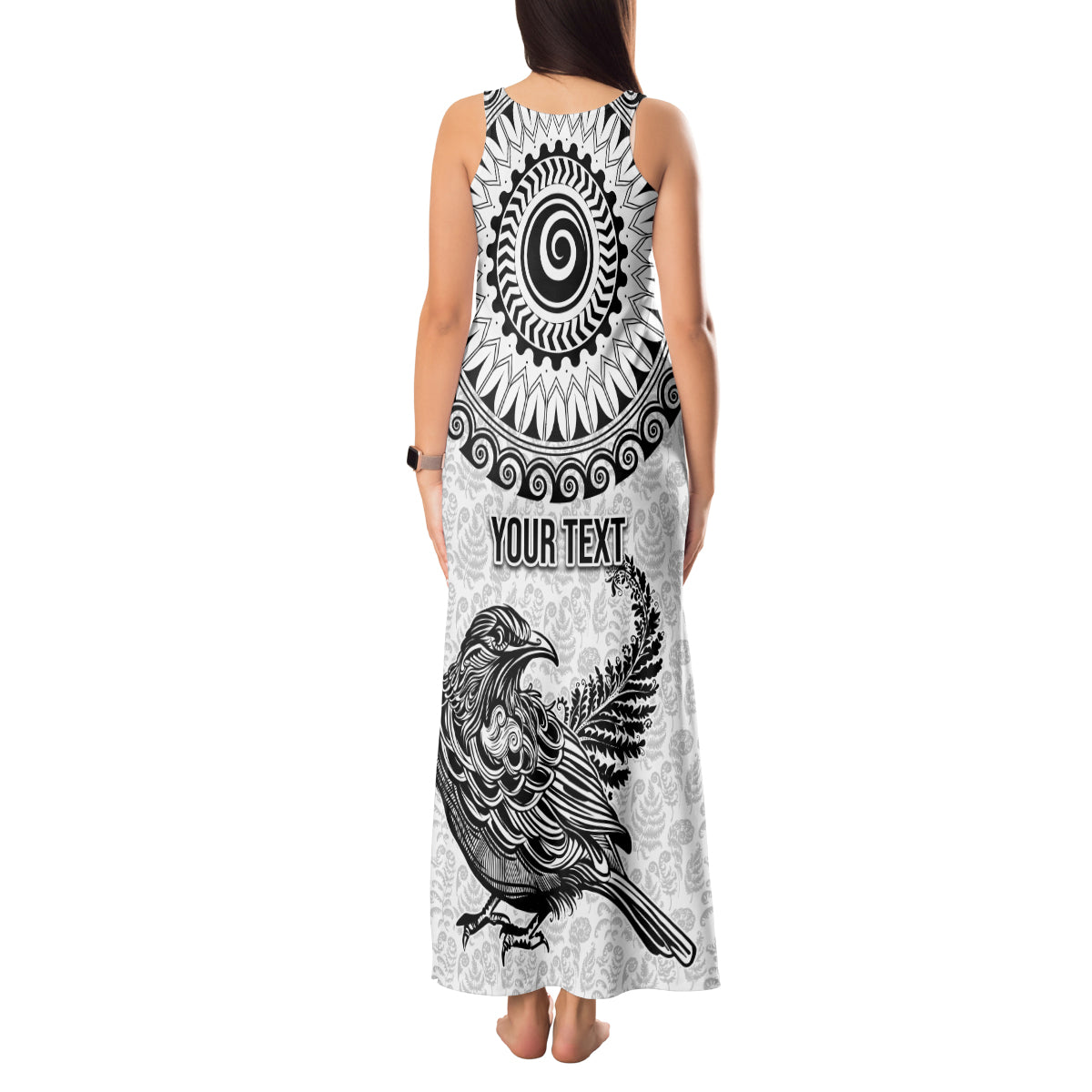 Custom New Zealand Tank Maxi Dress Tui Bird and Koru Circle Mix Silver Fern Pattern LT03 - Polynesian Pride