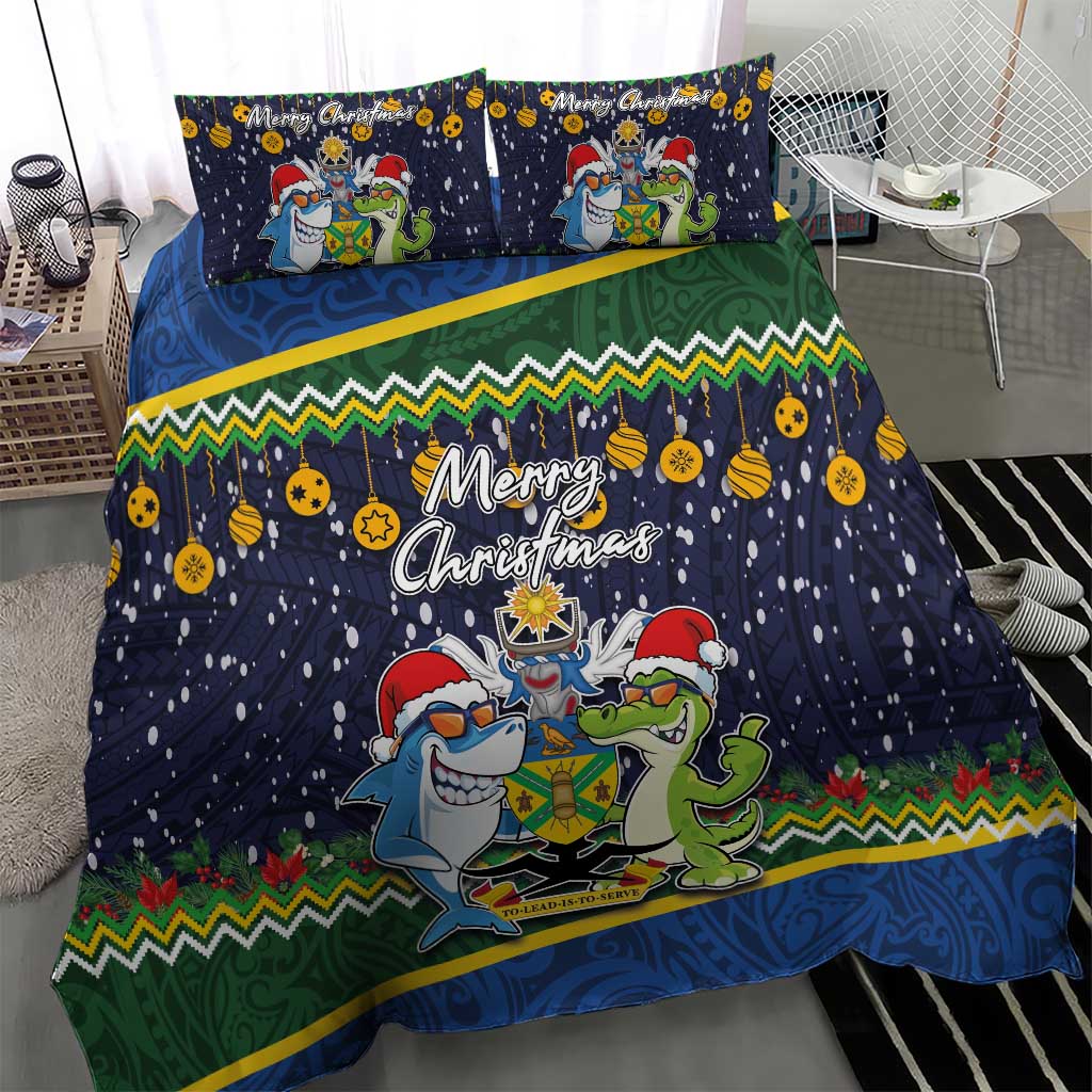 Funny Crocodile and Shark Solomon Islands Christmas Bedding Set with National Seal Melanesian Pattern