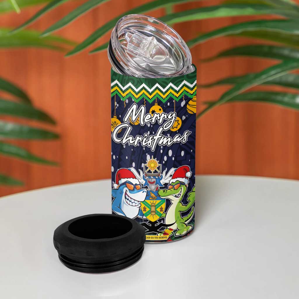 Funny Crocodile and Shark Solomon Islands Christmas 4 in 1 Can Cooler Tumbler with National Seal Melanesian Pattern