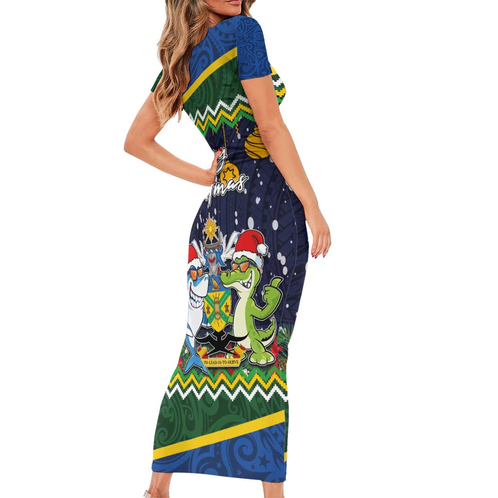 Funny Crocodile and Shark Solomon Islands Christmas Family Matching Short Sleeve Bodycon Dress and Hawaiian Shirt with National Seal Melanesian Pattern