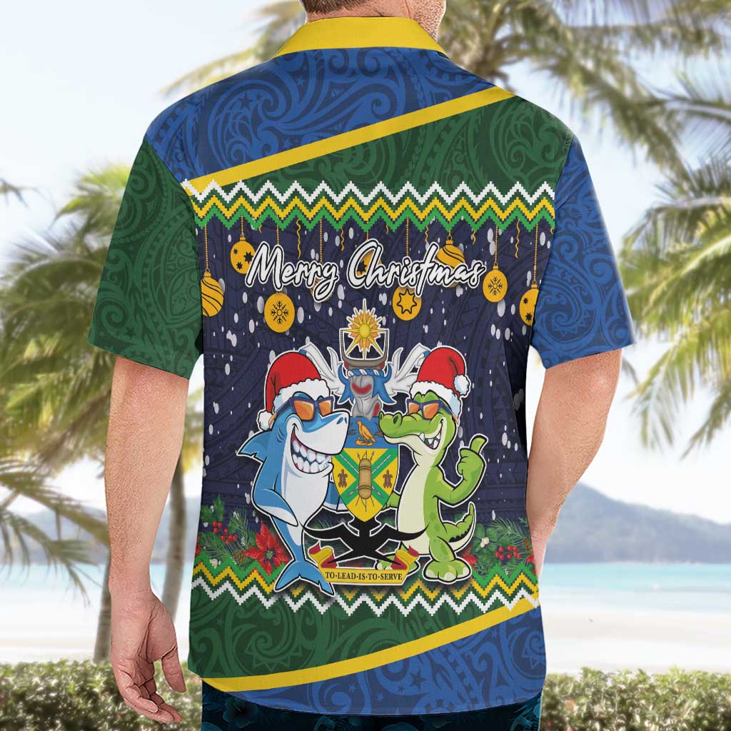 Funny Crocodile and Shark Solomon Islands Christmas Hawaiian Shirt with National Seal Melanesian Pattern