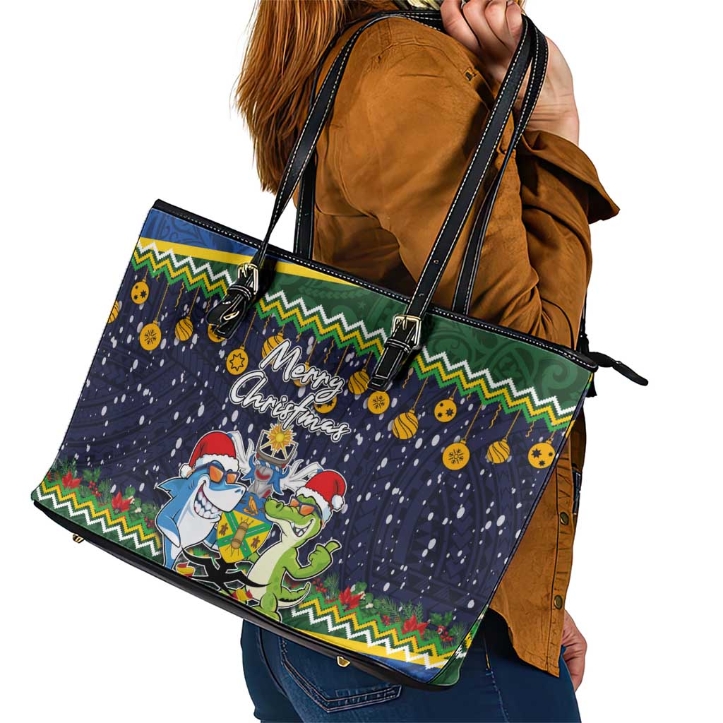 Funny Crocodile and Shark Solomon Islands Christmas Leather Tote Bag with National Seal Melanesian Pattern