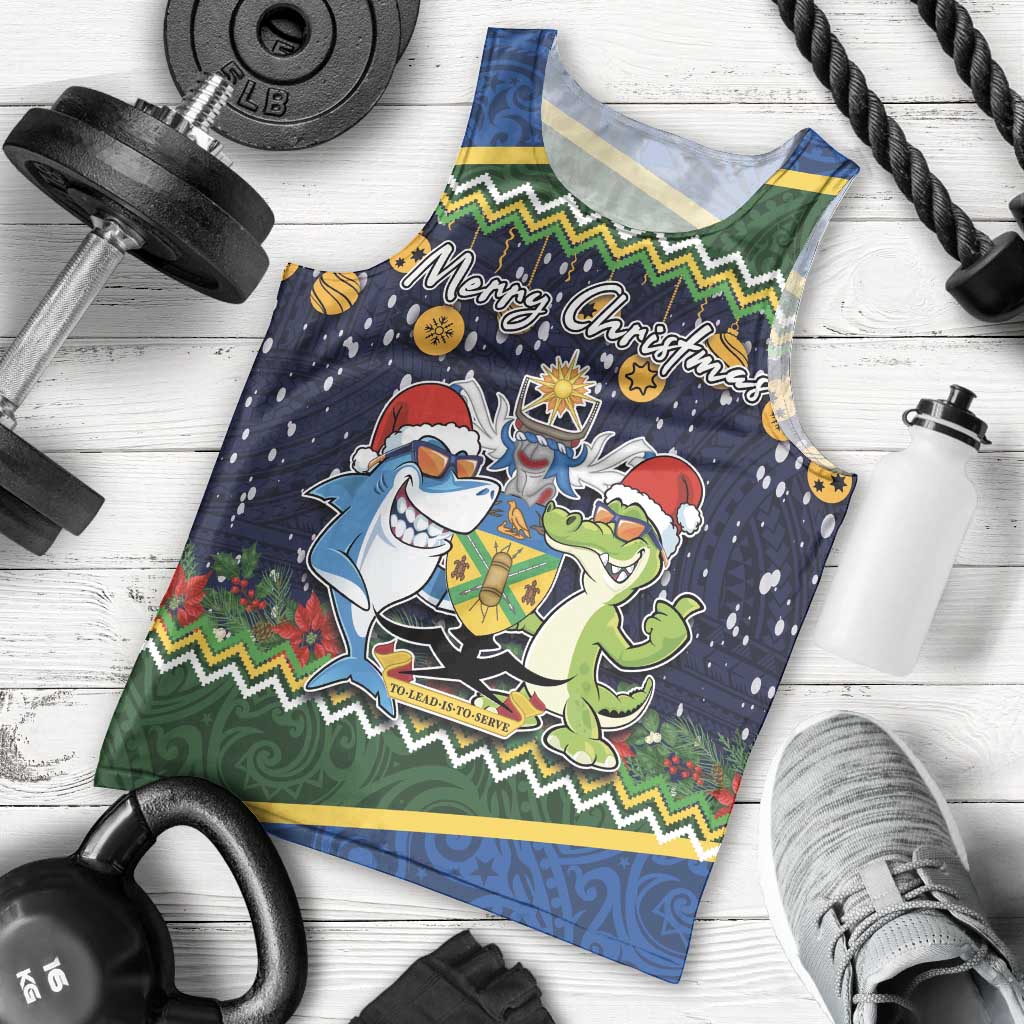 Funny Crocodile and Shark Solomon Islands Christmas Men Tank Top with National Seal Melanesian Pattern
