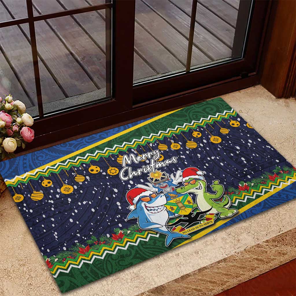 Funny Crocodile and Shark Solomon Islands Christmas Rubber Doormat with National Seal Melanesian Pattern