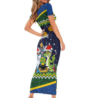 Funny Crocodile and Shark Solomon Islands Christmas Short Sleeve Bodycon Dress with National Seal Melanesian Pattern