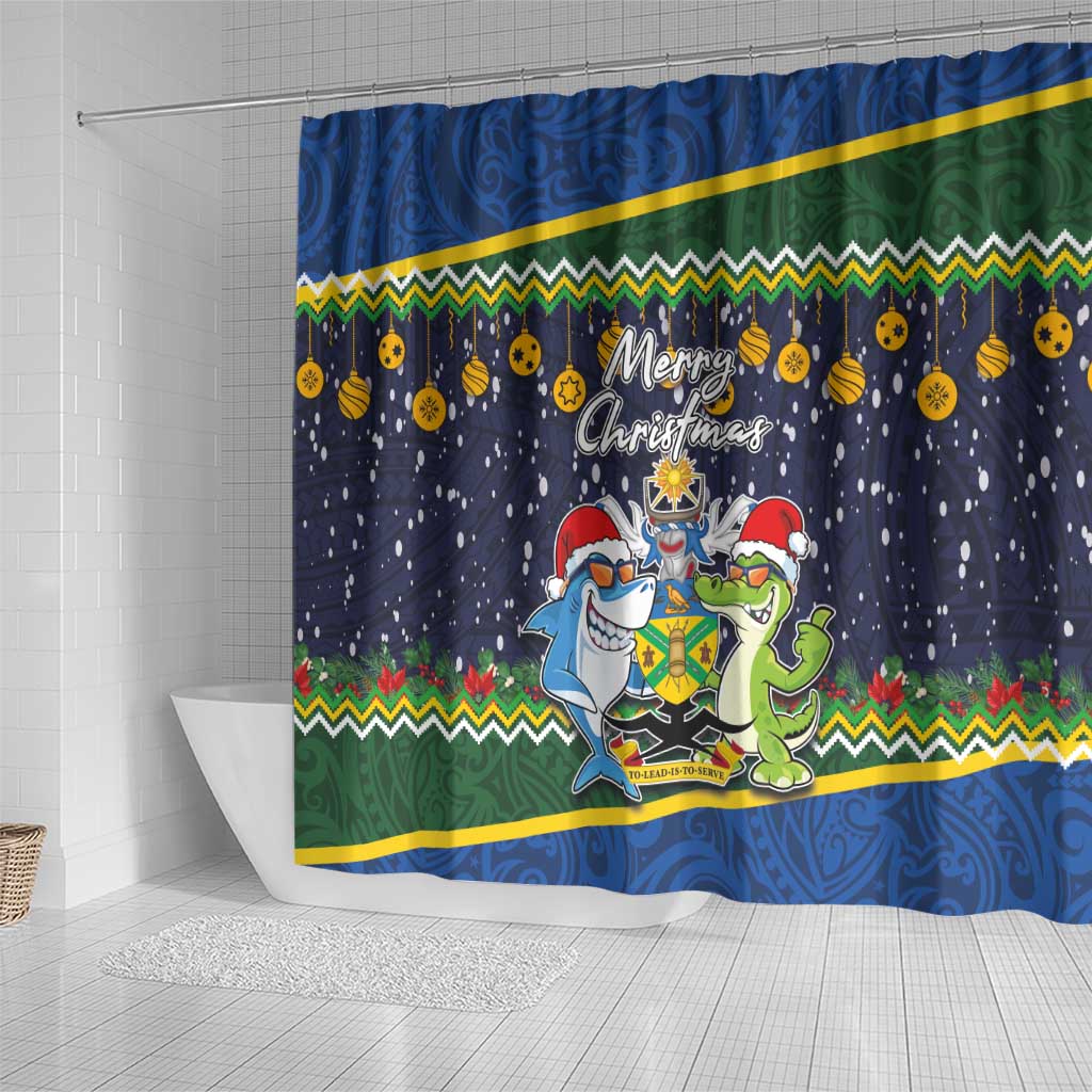 Funny Crocodile and Shark Solomon Islands Christmas Shower Curtain with National Seal Melanesian Pattern
