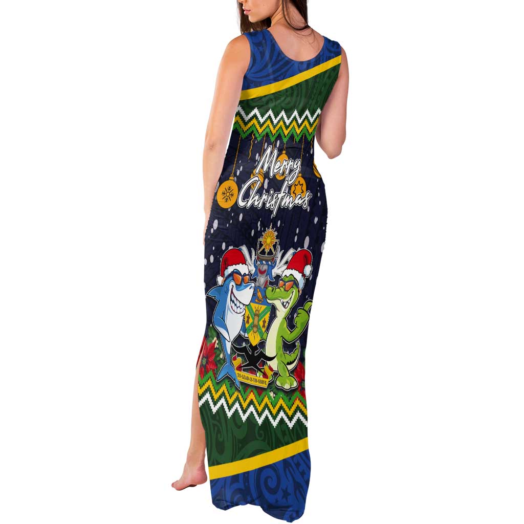 Funny Crocodile and Shark Solomon Islands Christmas Tank Maxi Dress with National Seal Melanesian Pattern