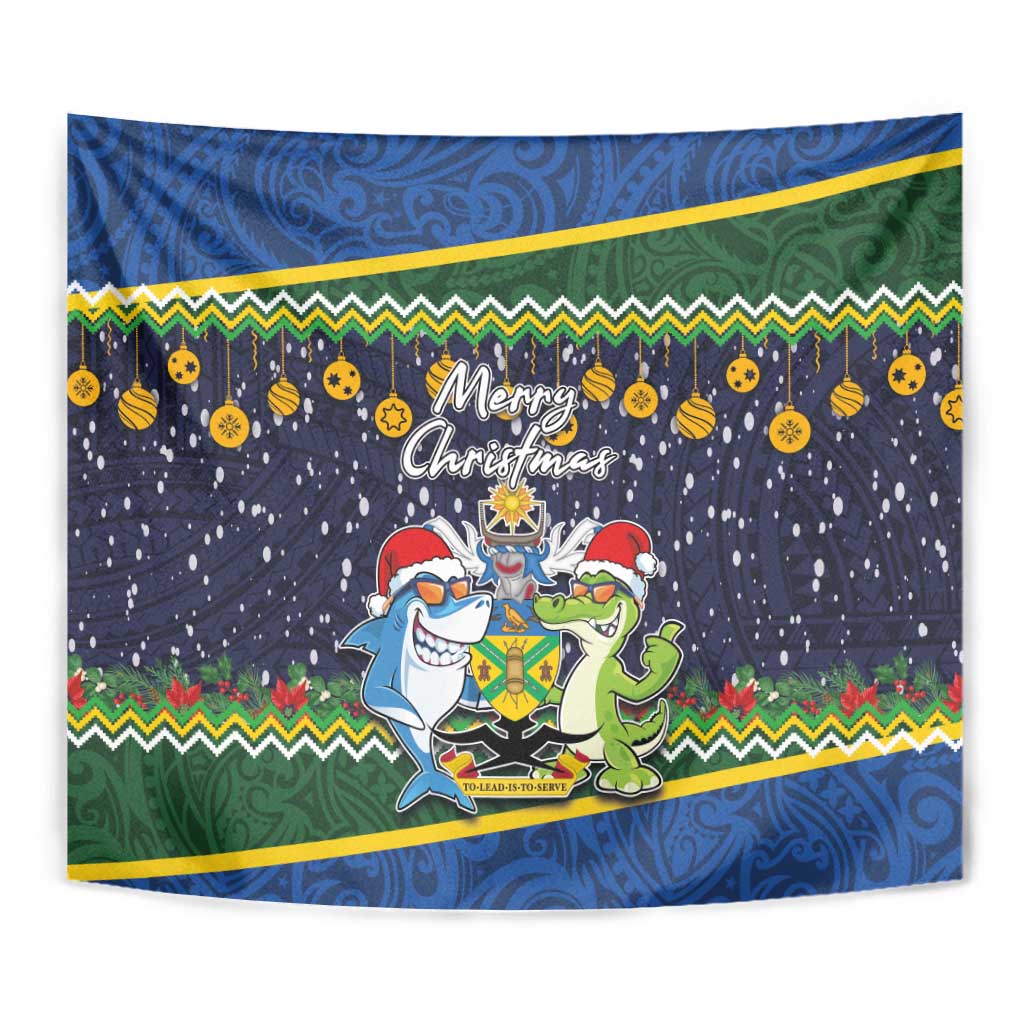 Funny Crocodile and Shark Solomon Islands Christmas Tapestry with National Seal Melanesian Pattern