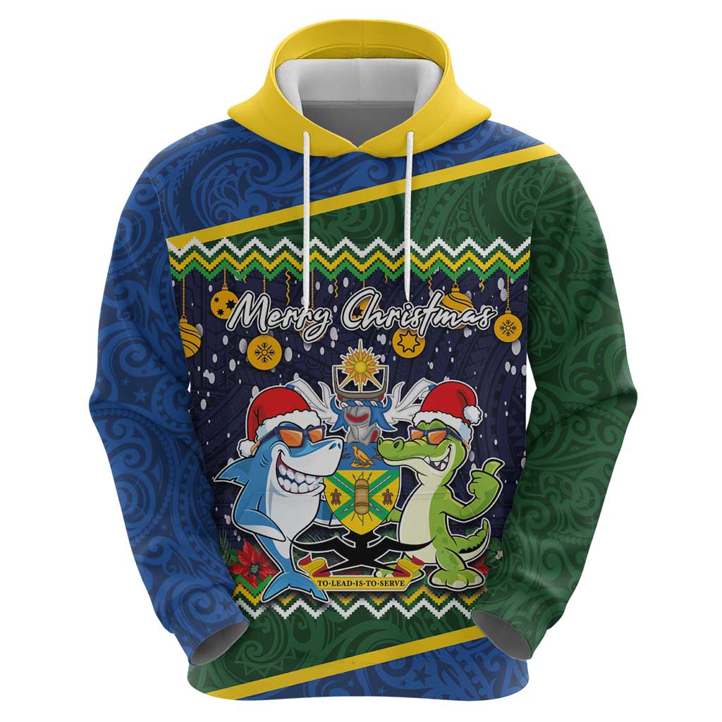 Funny Crocodile and Shark Solomon Islands Christmas Zip Hoodie with National Seal Melanesian Pattern