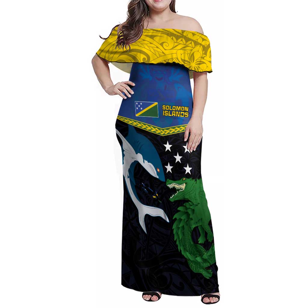 Custom Solomon Islands Rugby Family Matching Off Shoulder Maxi Dress and Hawaiian Shirt Arty Shark and Crocodile Solomon Islands National Emblems
