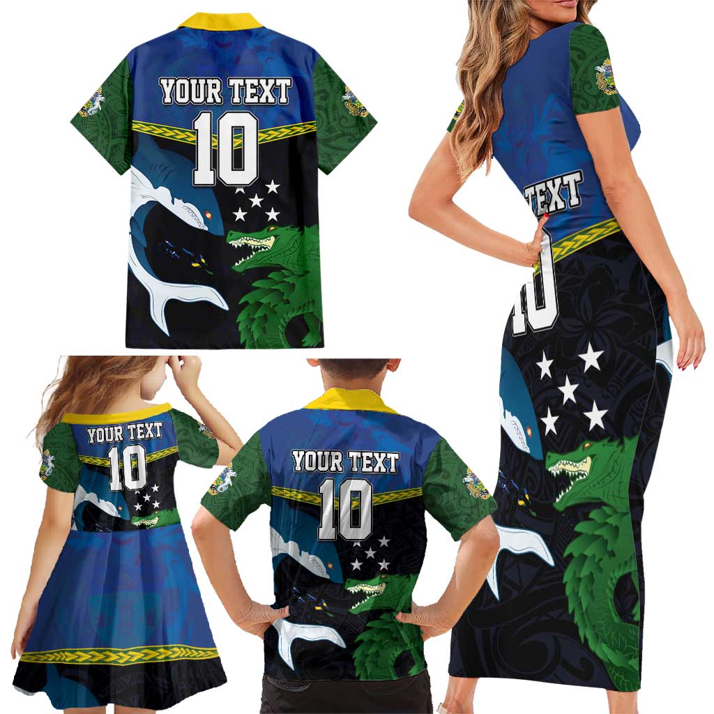 Custom Solomon Islands Rugby Family Matching Short Sleeve Bodycon Dress and Hawaiian Shirt Arty Shark and Crocodile Solomon Islands National Emblems
