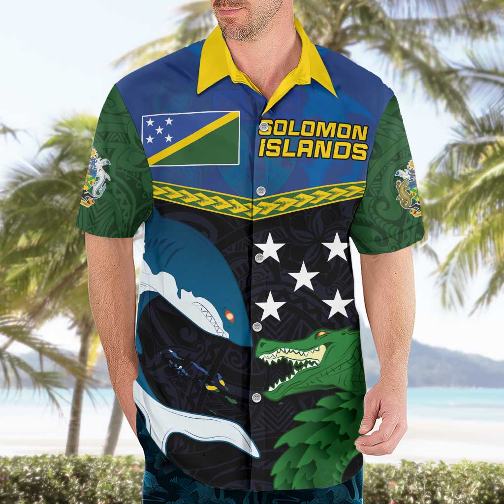 Custom Solomon Islands Rugby Hawaiian Shirt Arty Shark and Crocodile Solomon Islands National Emblems