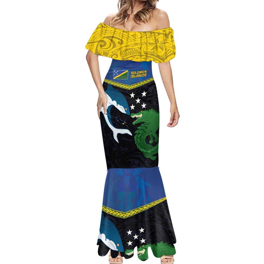 Custom Solomon Islands Rugby Mermaid Dress Arty Shark and Crocodile Solomon Islands National Emblems