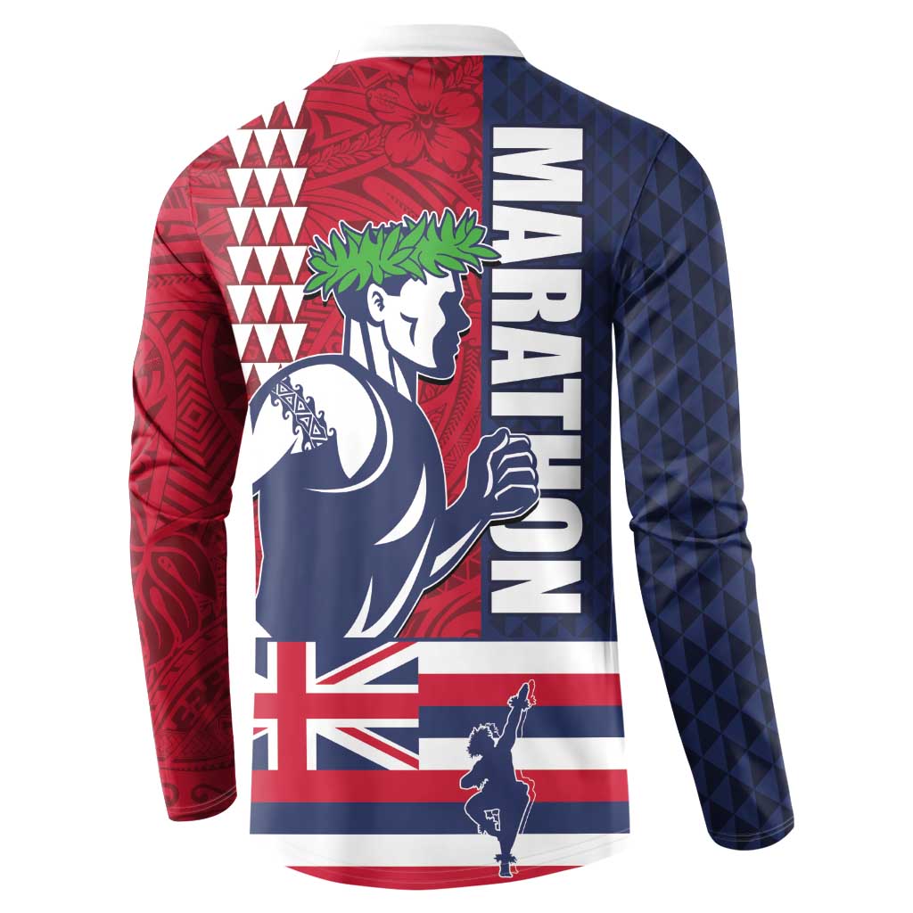 Honolulu Running 2024 Button Sweatshirt Marathon Competition Hula Runner and Kakau Art Tattoo
