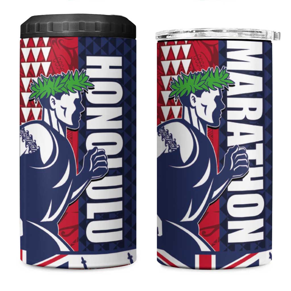 Honolulu Running 2024 4 in 1 Can Cooler Tumbler Marathon Competition Hula Runner and Kakau Art Tattoo
