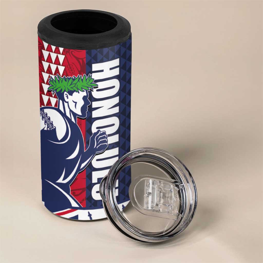 Honolulu Running 2024 4 in 1 Can Cooler Tumbler Marathon Competition Hula Runner and Kakau Art Tattoo