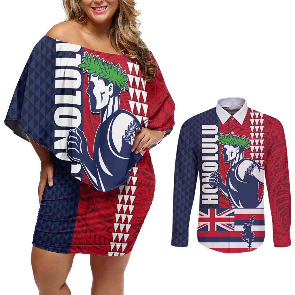 Honolulu Running 2024 Couples Matching Off Shoulder Short Dress and Long Sleeve Button Shirt Marathon Competition Hula Runner and Kakau Art Tattoo