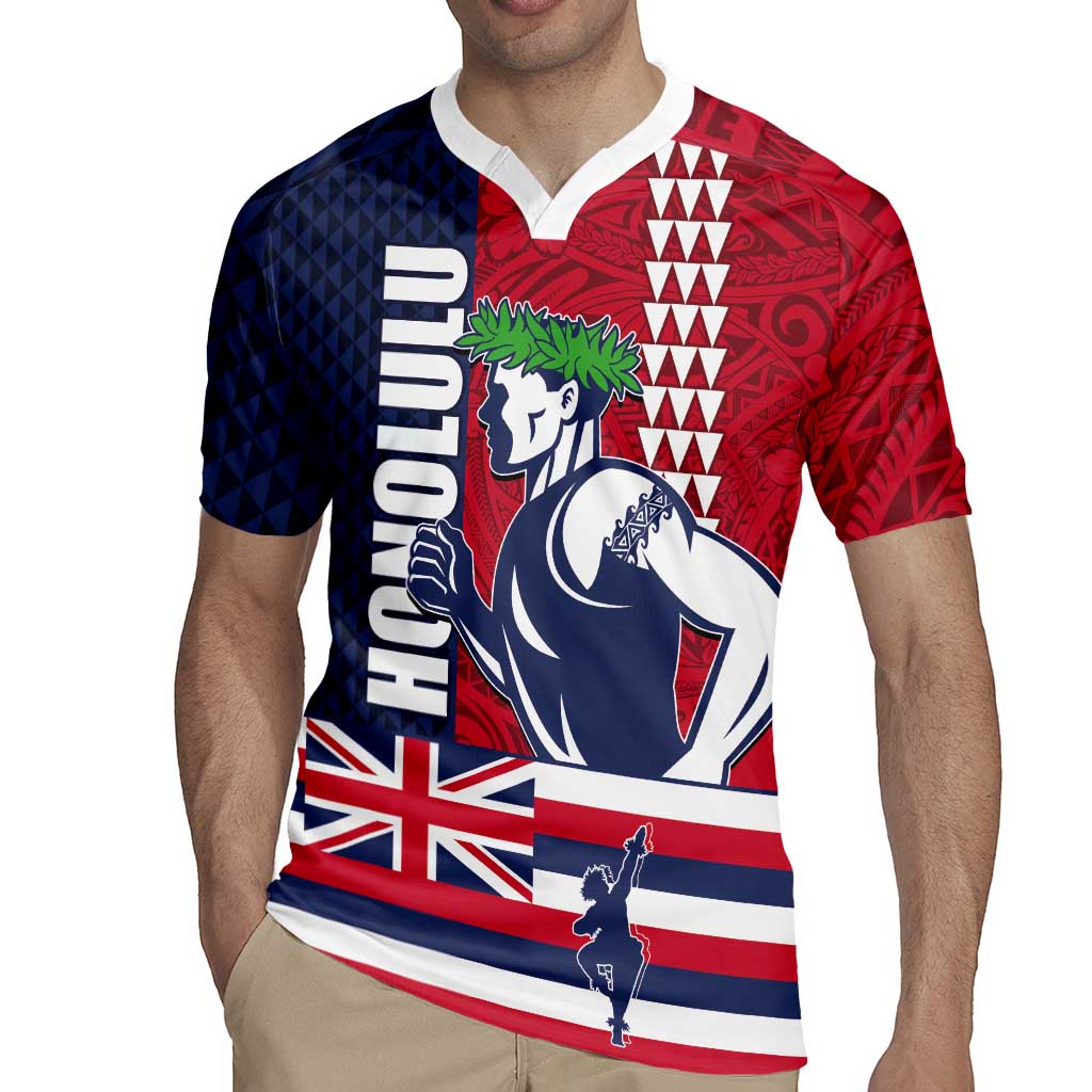 Honolulu Running 2024 Rugby Jersey Marathon Competition Hula Runner and Kakau Art Tattoo
