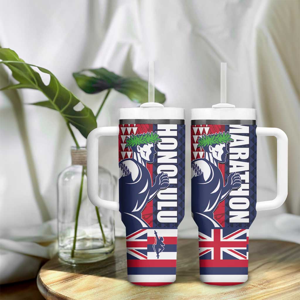Honolulu Running 2024 Tumbler With Handle Marathon Competition Hula Runner and Kakau Art Tattoo