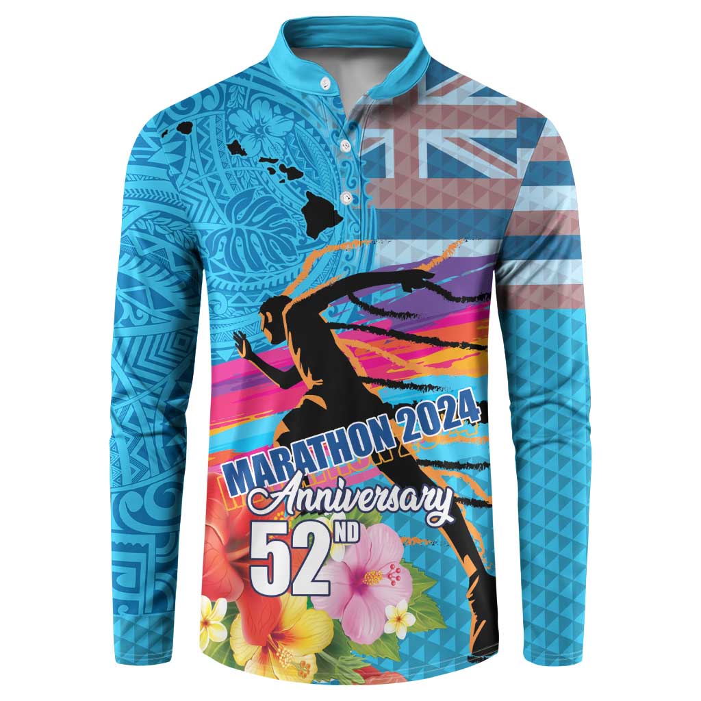 Honolulu Anniversary 52nd Running Button Sweatshirt Marathon Competition Kakau Pattern Blue Color
