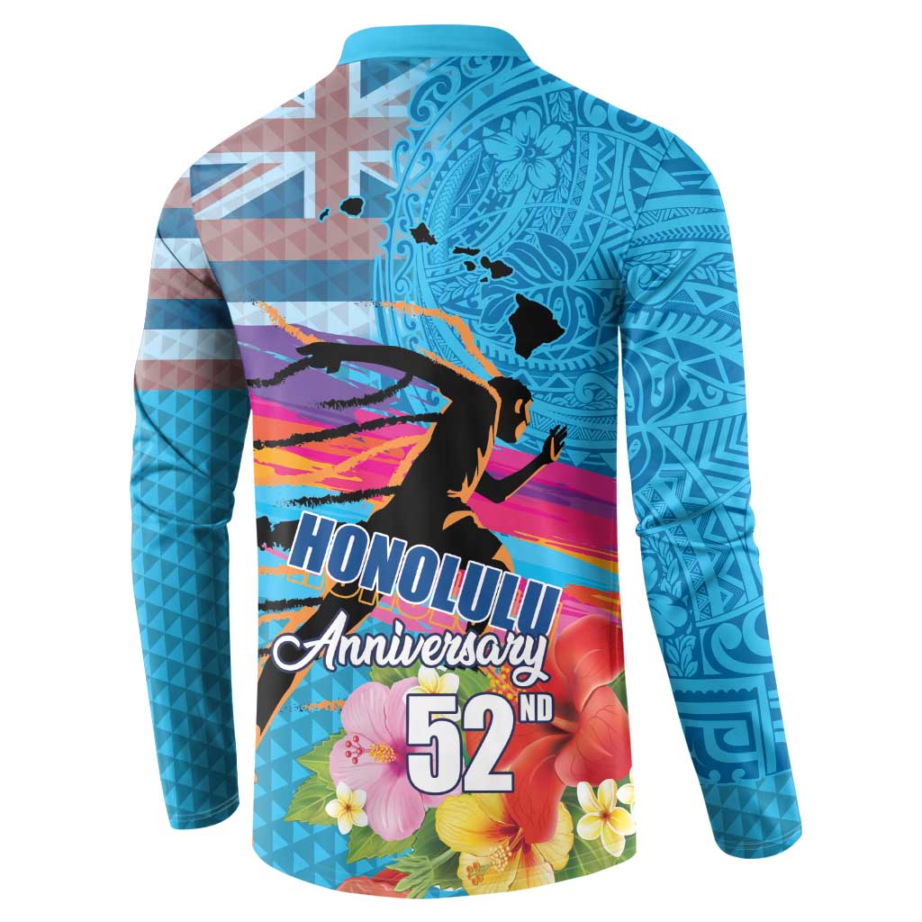 Honolulu Anniversary 52nd Running Button Sweatshirt Marathon Competition Kakau Pattern Blue Color